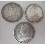 Three Victorian silver crowns 1889, 1890 and 1893