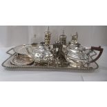 EPNS tableware: to include a twin handled serving tray  18" x 28"; and a three piece tea set