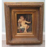 A cherub  processed oil oleograph  7" x 9" in a deep set antique inspired moulded gilt frame  18"