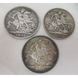 Three Victorian silver crowns, 1887, 1891 and 1890