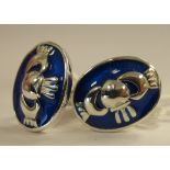 A pair of silver coloured metal and blue enamel cufflinks