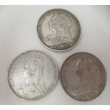 Three Victorian silver crowns, 1894, 1897 and 1889