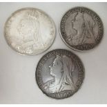 Three Victorian silver crowns 1898, 1892 and 1895