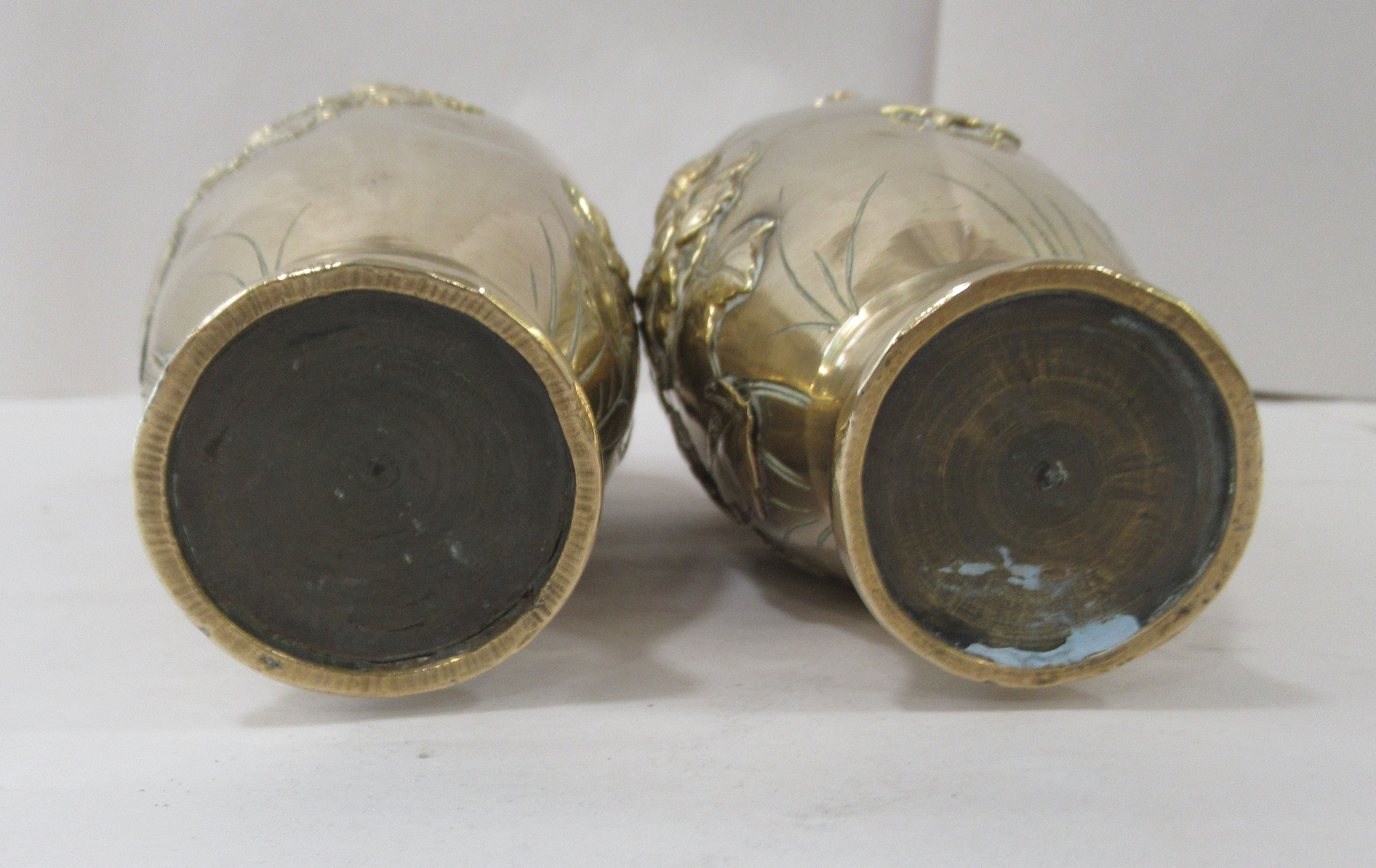 A pair of post 1950s Japanese inspired gilded bronzed vases of tapered form, decorated in relief - Image 3 of 3