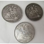 Three Victorian silver crowns, 1889, 1890 and 1899