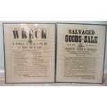 Two framed reproductions of a 19thC Ship Salvage Auction posters, one 1812, the other 1872  15" x