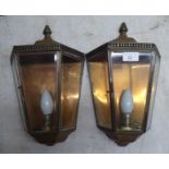 A pair of mid 20thC copper framed wall lights, each with three glazed windows  15"h  10"w