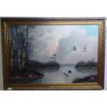E Wobek - a group of flying ducks over a lake beside woodland  oil on canvas  bears a signature  35"
