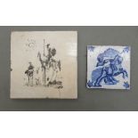 A 17th/18thC Dutch Delft tile, decorated in blue and white with a knight on horseback  5.25"sq;