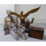 A mixed lot: to include a carved and gilded softwood model, an eagle  14"h with a 31"wingspan