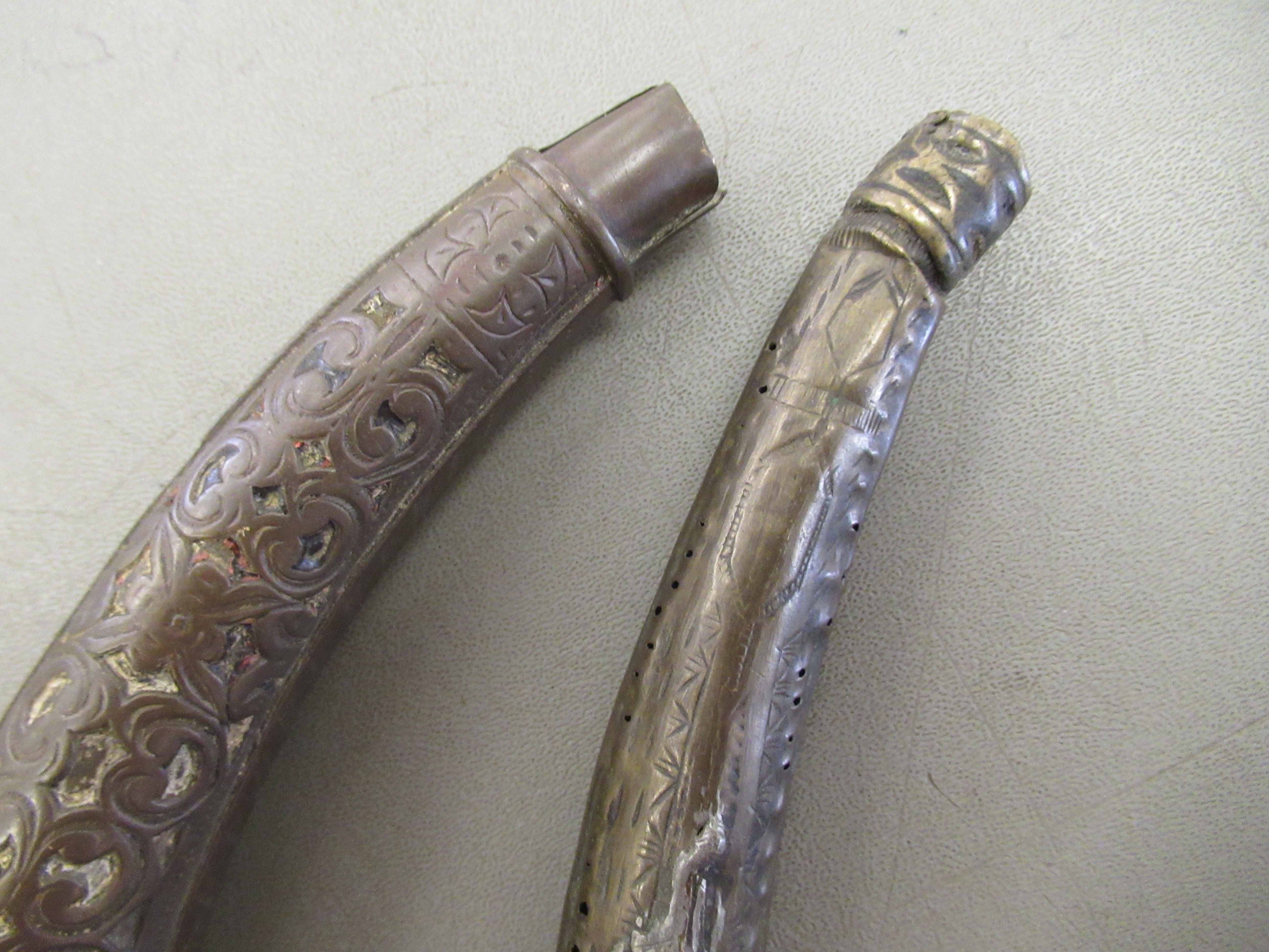 Two similar  19thC Middle Eastern brass crescent shape powder flasks with iron pendant rings - Image 3 of 4