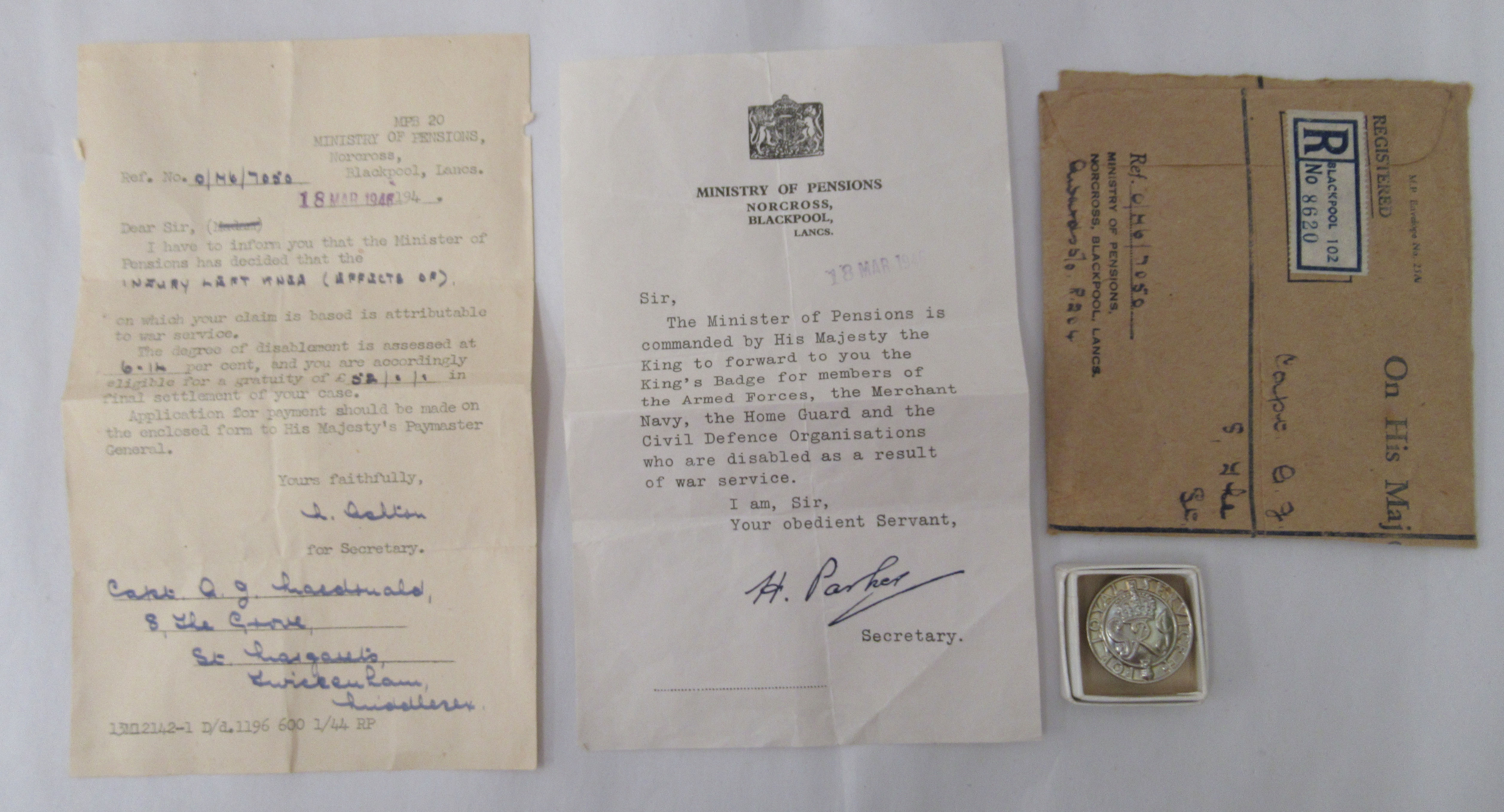 A 1946 Ministry of Pensions issue 'The Kings Badge' and associated ephemera (Please Note: this lot