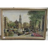 H Ten Hoven - a Dutch canalscape  oil on canvas  bears a signature  32" x 20"  framed