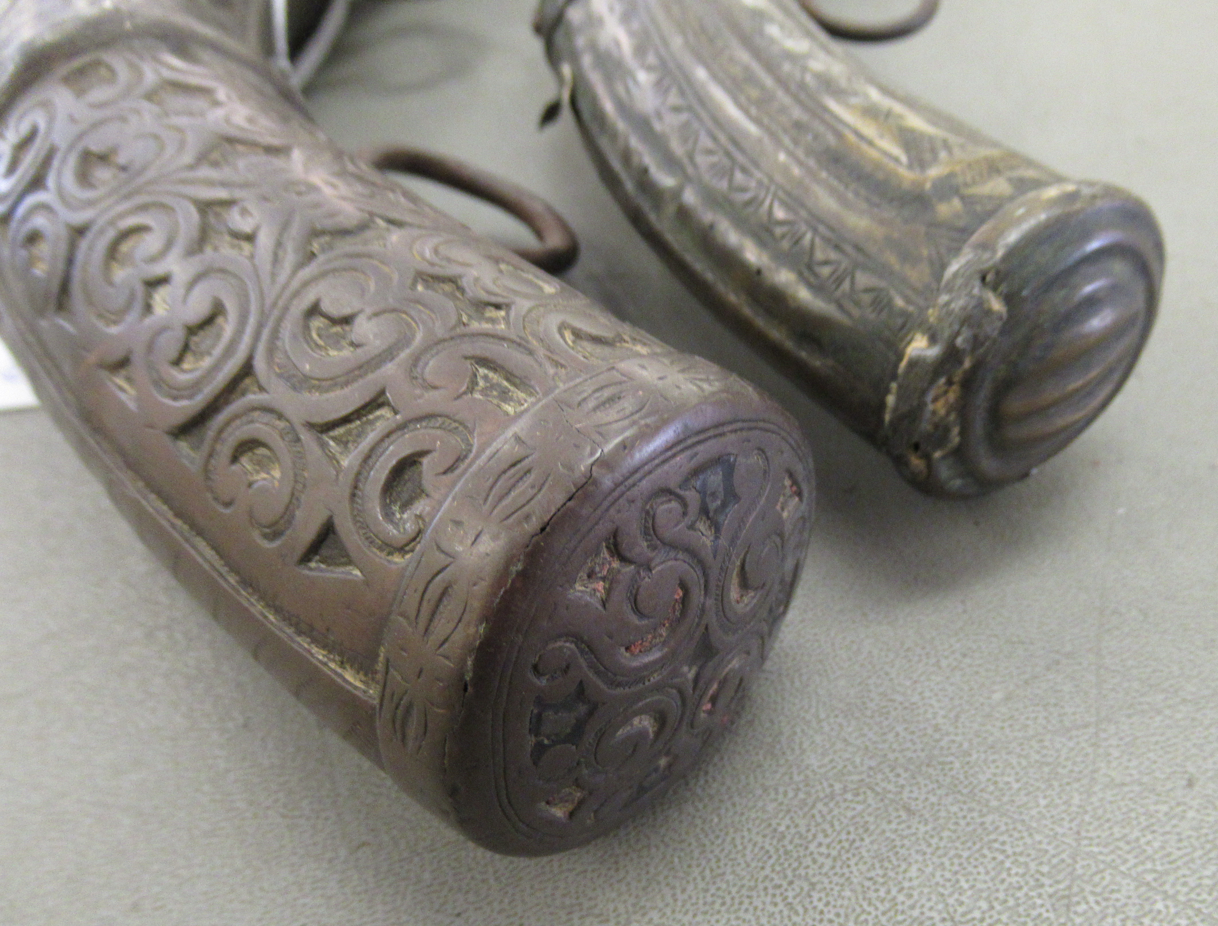 Two similar  19thC Middle Eastern brass crescent shape powder flasks with iron pendant rings - Image 4 of 4