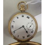 A 9ct gold cased full hunter pocket watch, faced by a white enamel Roman dial, incorporating a
