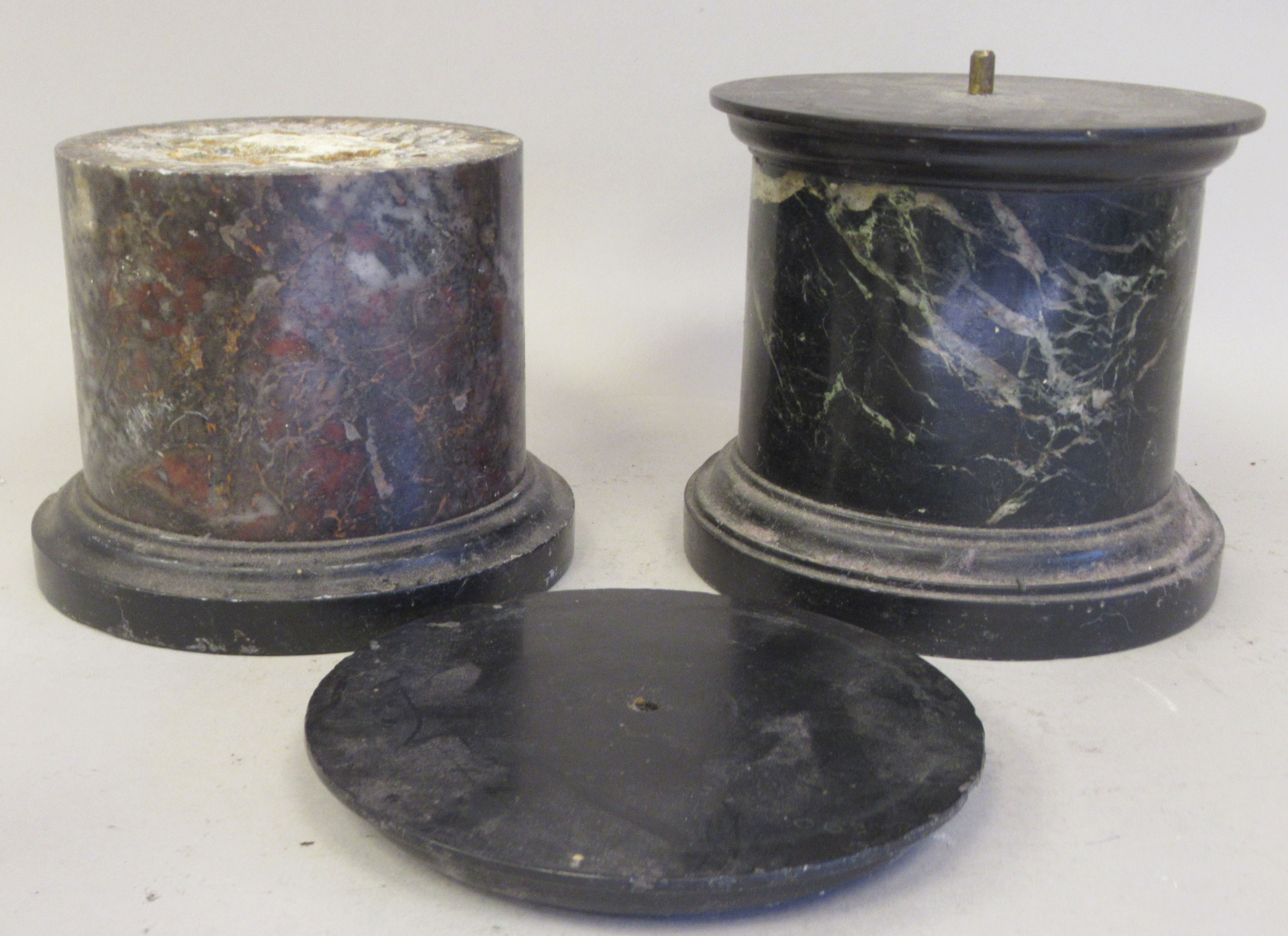 A late 19thC mottled multi-coloured turned marble ornaments, viz. a pair of drum design plinths  5" - Image 2 of 5