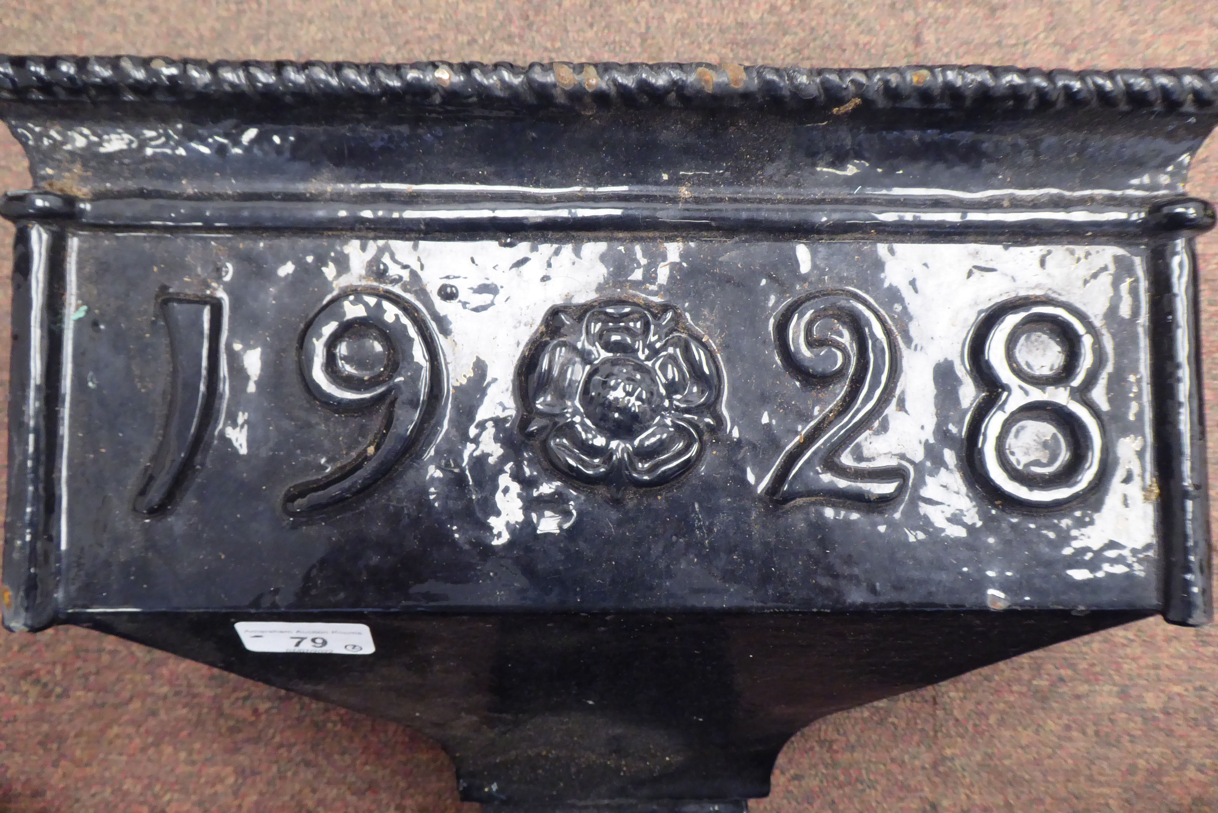 A black painted cast iron rainwater hopper of ogee form  bears the date in the design, 1927  16"w; - Image 3 of 6