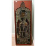 A 19thC coloured, lead glazed window, featuring a standing religious figure  46"h  17"w in a