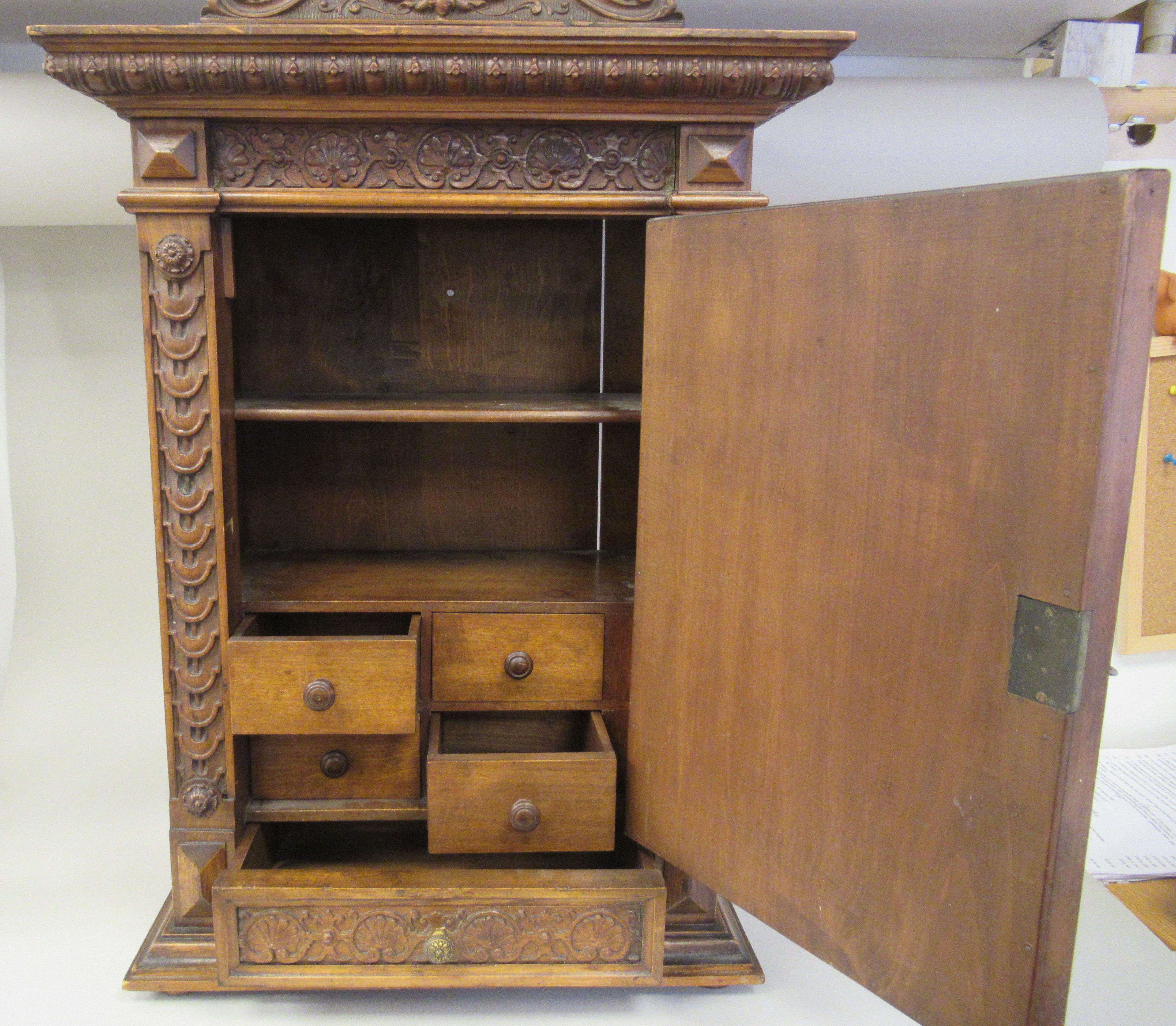 A late 19thC Continental finely carved, hanging cupboard with an upstand pediment and lockable - Image 2 of 6