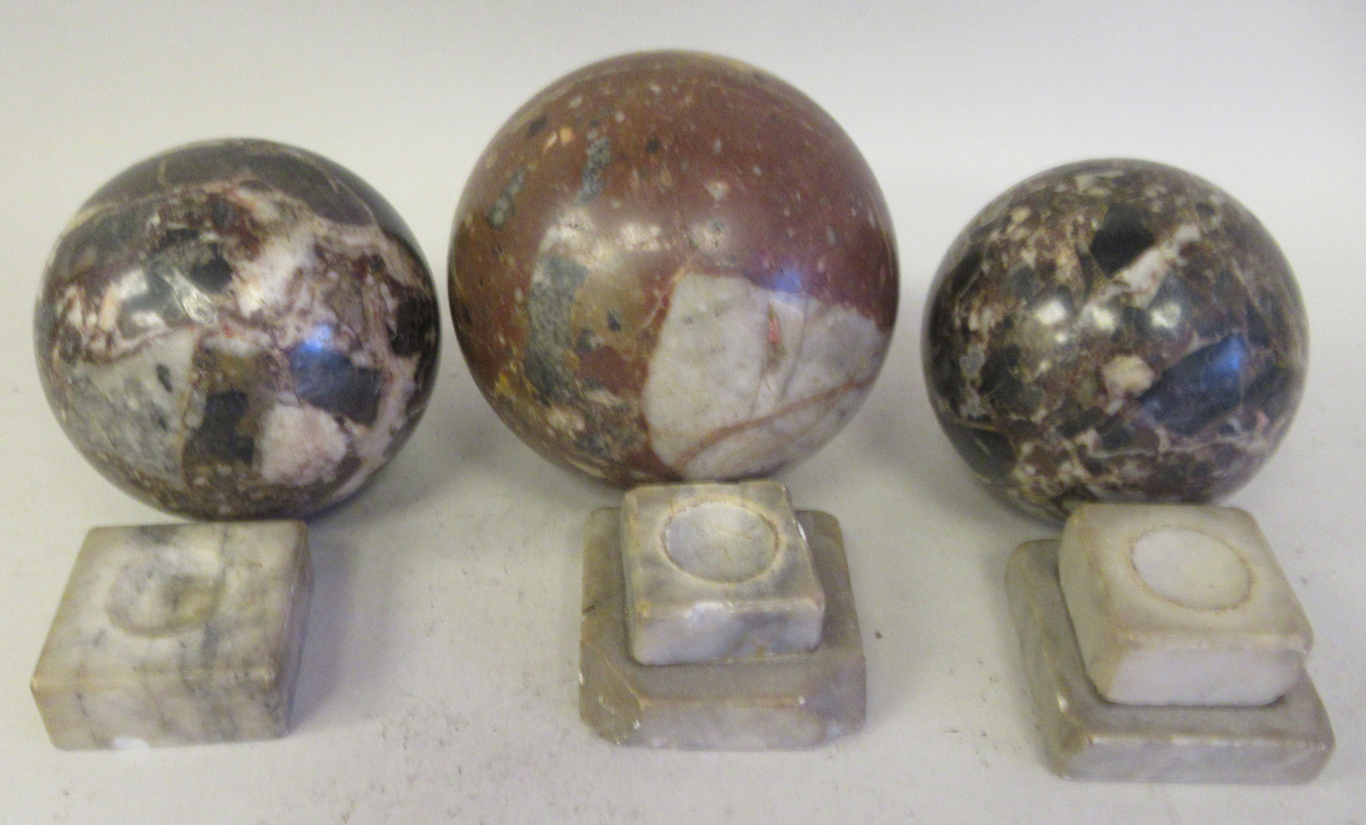 A late 19thC mottled multi-coloured turned marble ornaments, viz. a pair of drum design plinths  5" - Image 5 of 5