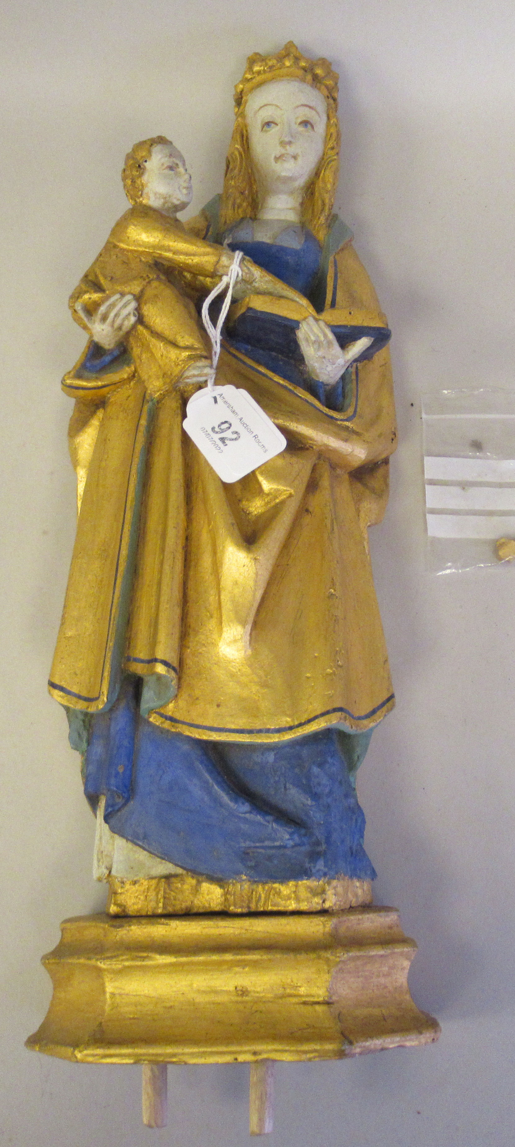 A 17th/18thC carved limewood religious flatback niche figure, the Virgin Mary and Baby Jesus,