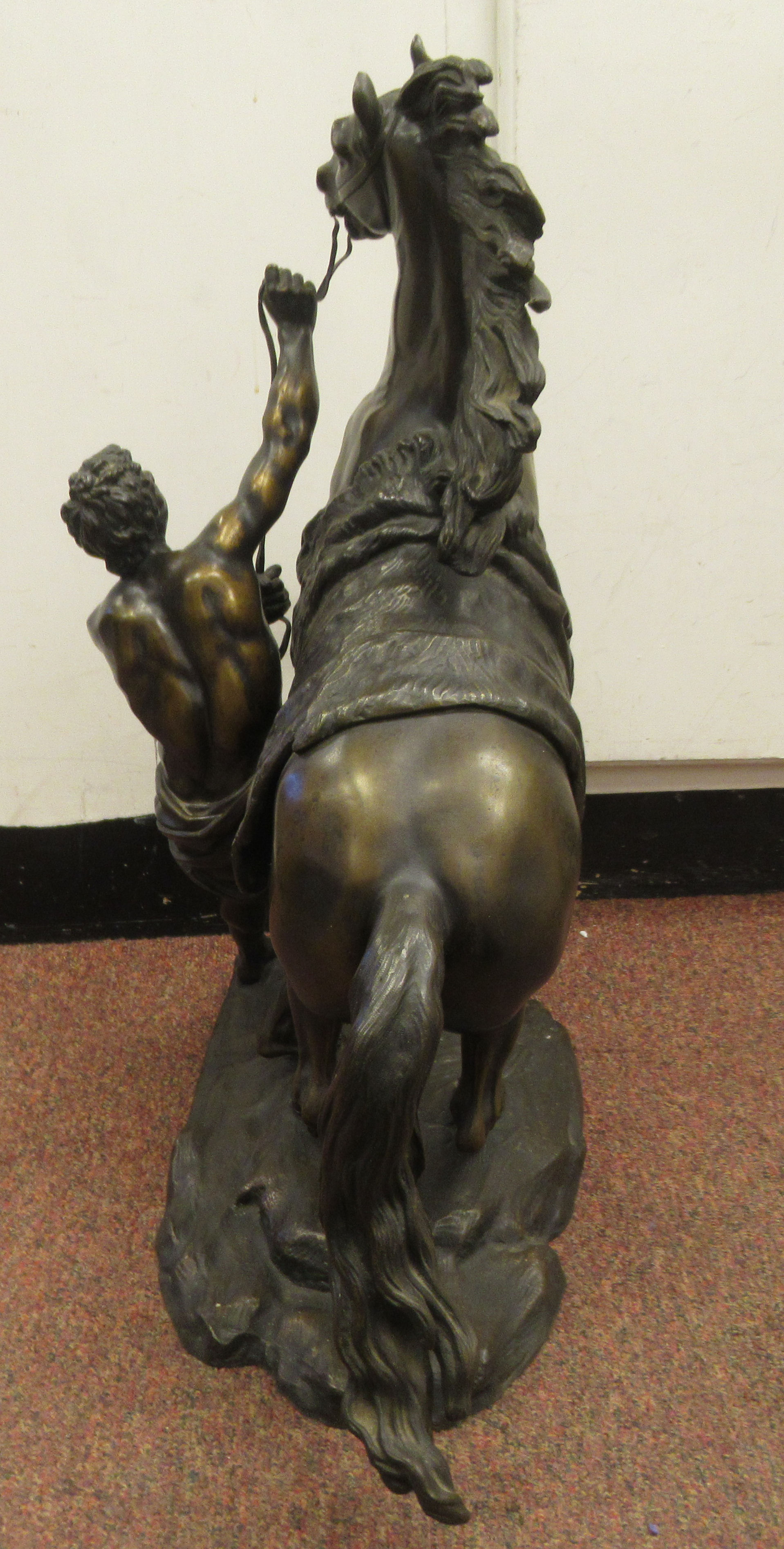 After Guillaume Couston - a cast and patinated bronze statue, a Marly horse and attendant  23"h - Image 4 of 7