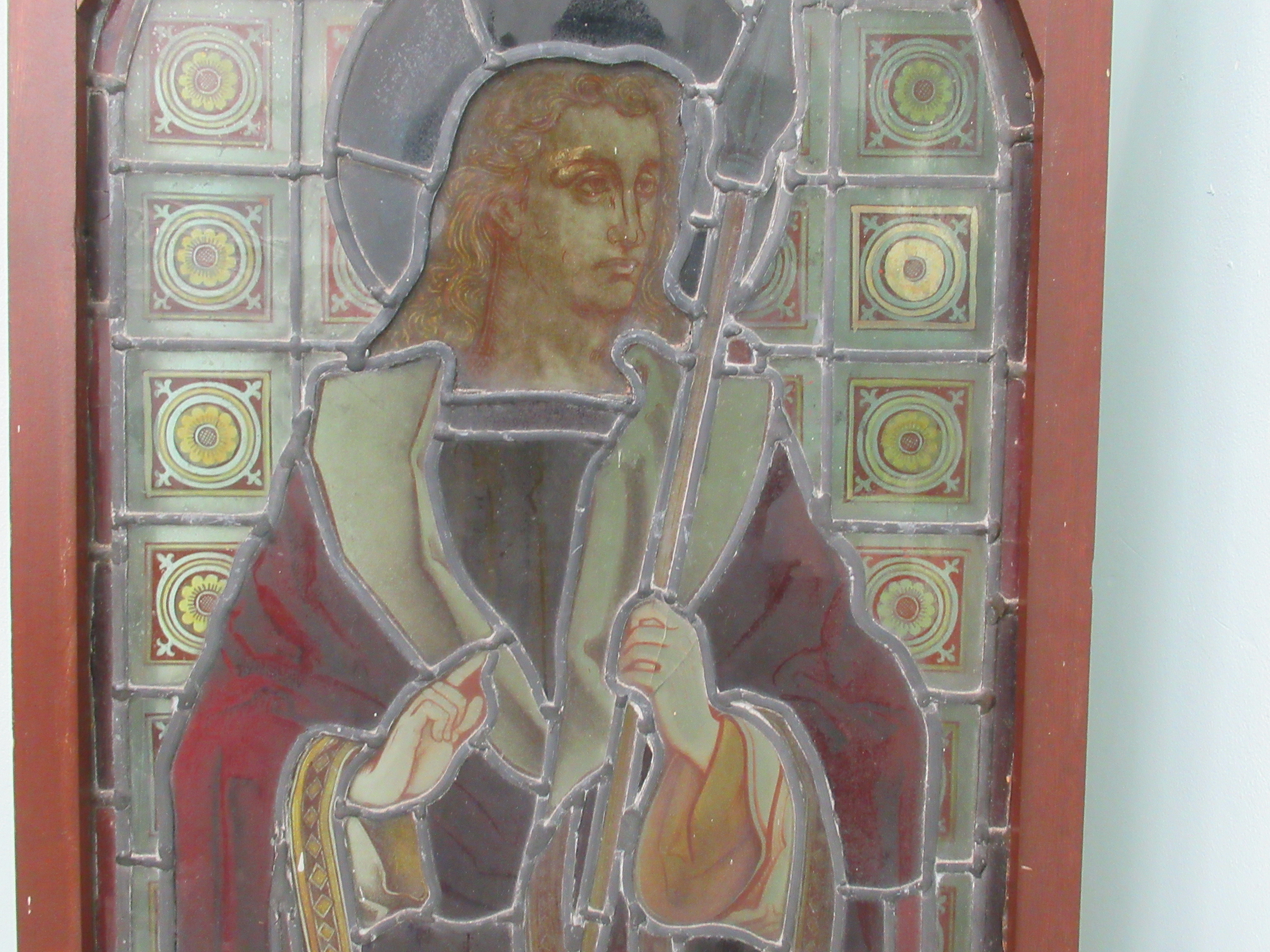 A 19thC coloured, lead glazed window, featuring a standing religious figure  46"h  17"w in a - Image 2 of 5