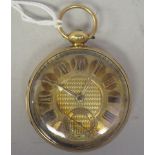An 18ct gold cased pocket watch, faced by a decoratively engraved and engine turned Roman dial,