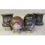 A late 19thC mottled multi-coloured turned marble ornaments, viz. a pair of drum design plinths  5"