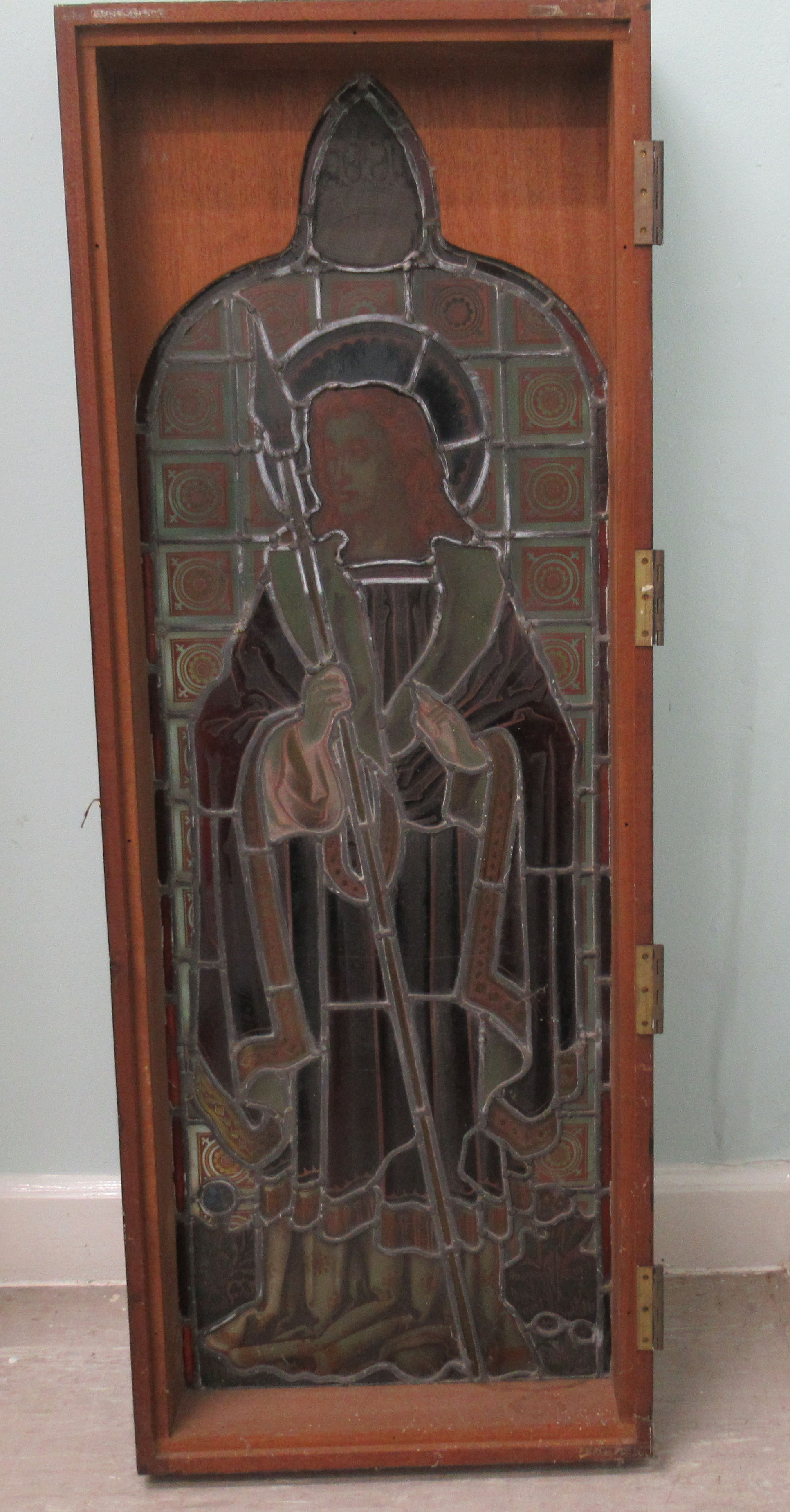 A 19thC coloured, lead glazed window, featuring a standing religious figure  46"h  17"w in a - Image 4 of 5