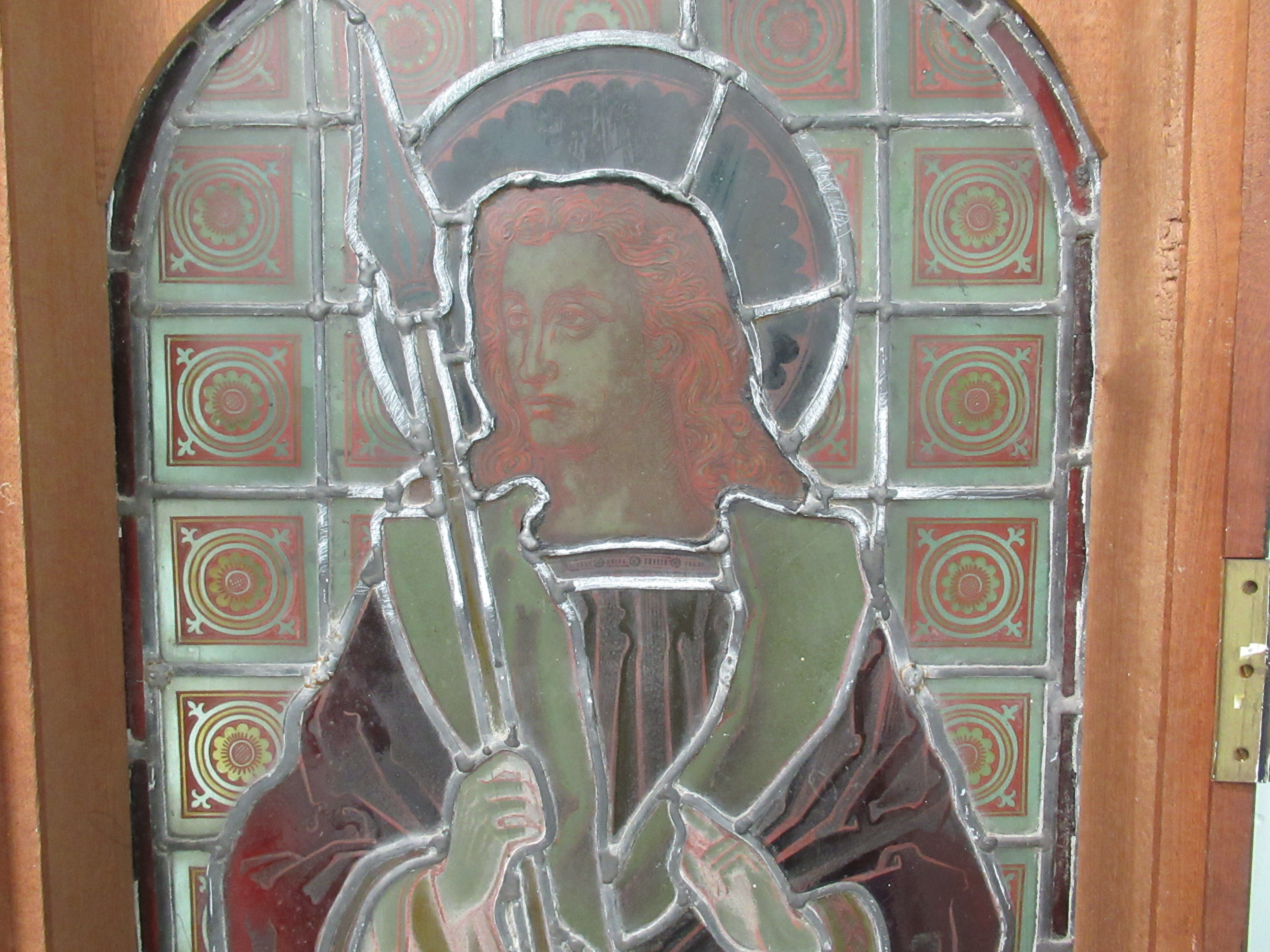 A 19thC coloured, lead glazed window, featuring a standing religious figure  46"h  17"w in a - Image 5 of 5