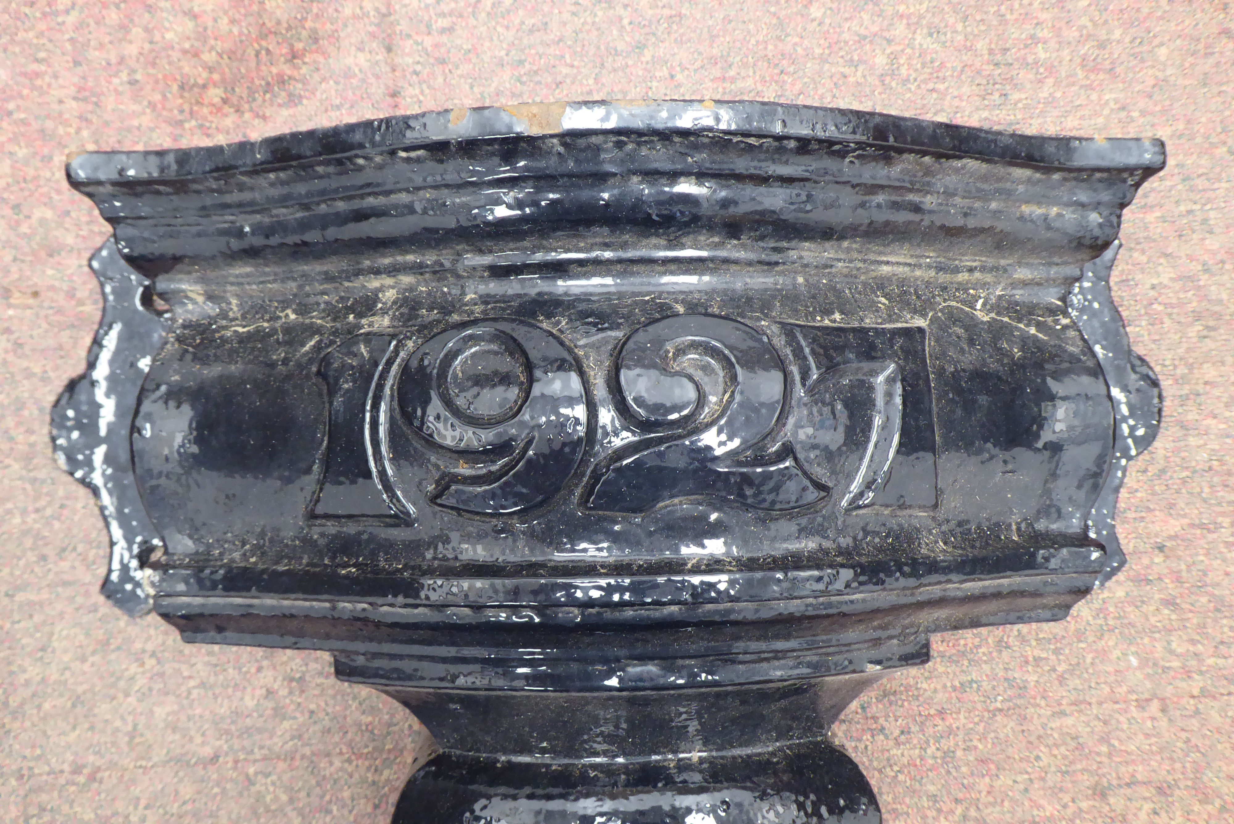 A black painted cast iron rainwater hopper of ogee form  bears the date in the design, 1927  16"w; - Image 4 of 6