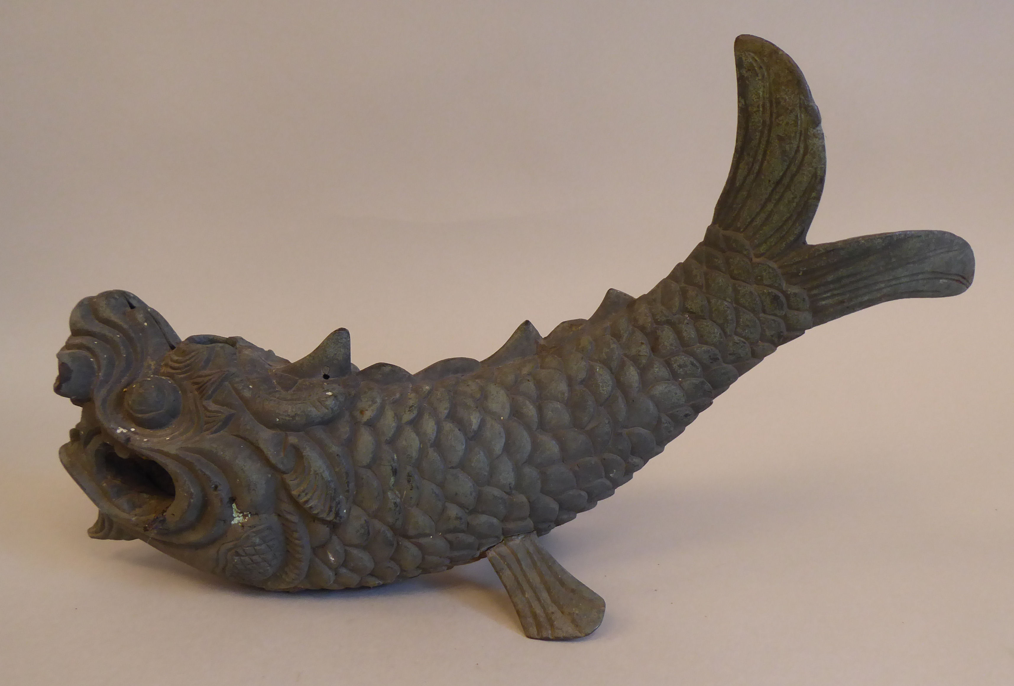 A late 19th/early 20thC Oriental cast bronze fountain head, fashioned as a 'Dragon-fish'  16"L - Image 2 of 5