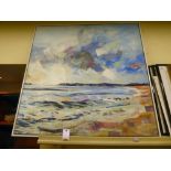 Nadia Day - a seascape  mixed media on canvas  bears a signature & label verso  35" x 35"  framed