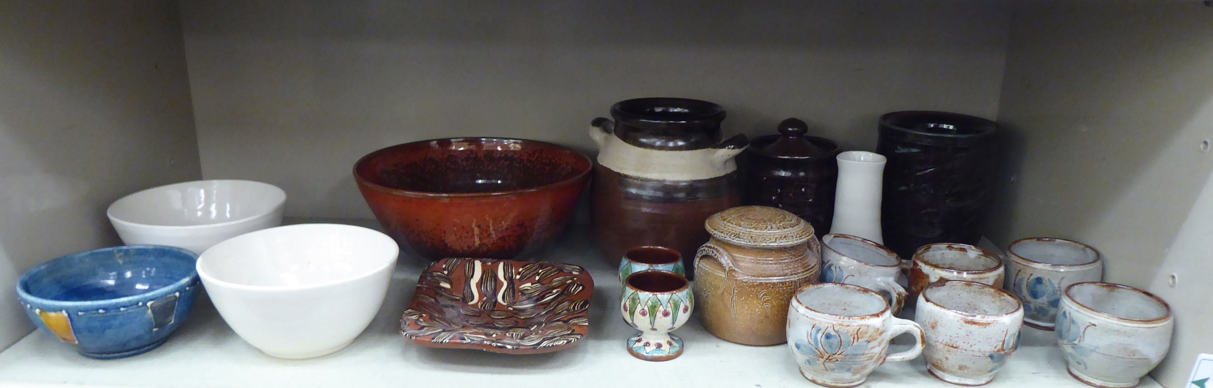 Studio and other pottery: to include a pair of pedestal cups  inscribed Mary Fenton; storage jars