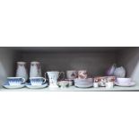 Decorative ceramics: to include a set of six soft pink, white and gilded tea cups and saucers; and a