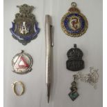 A silver 'Yard-o-Led' propelling pencil; two silver and enamel Masonic medallions; silver ARP badge;