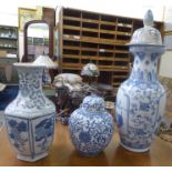 Three items of modern blue and white Chinese porcelain: to include a vase  24"h