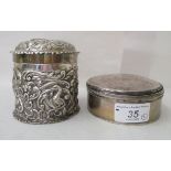 A George III silver pot and cover  London 1819  3.75"dia; and a silver dressing table pot and cover,