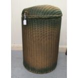 A Loom style green painted and gilded cylindrical linen bin with a hinged top  24"h