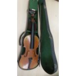 An early/mid 20thC violin with two piece back  14.5"L cased  with a bow