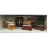 Various containers: to include two similar oak ice barrels  6"h; and a rosewood casket with straight