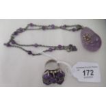 Amethyst set jewellery, viz. a cluster ring; and a pendant, on a bead and chain necklace