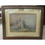 Late Victorian British School - a country church with a lone figure on a path  watercolour  bears an