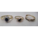 Three 9ct gold rings, set with sapphires and diamonds