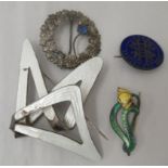 Items of personal ornament: to include a Norwegian Sterling silver and white enamel ribbon brooch