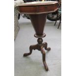 A late Victorian walnut, trumpet shaped pedestal sewing box with a hinged, chequerboard inlaid