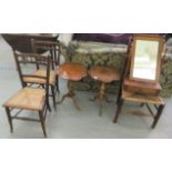 Small 19th and 20thC furniture: to include a pair of beech framed pedestal wine tables  22"h  15"dia