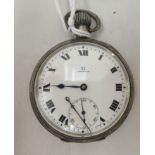 An Omega silver cased pocket watch, the keyless movement faced by a white enamel Roman dial,