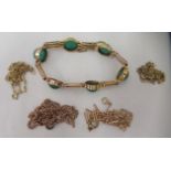 Yellow metal and gold items of personal ornament: to include a gatelink bracelet, set with jade